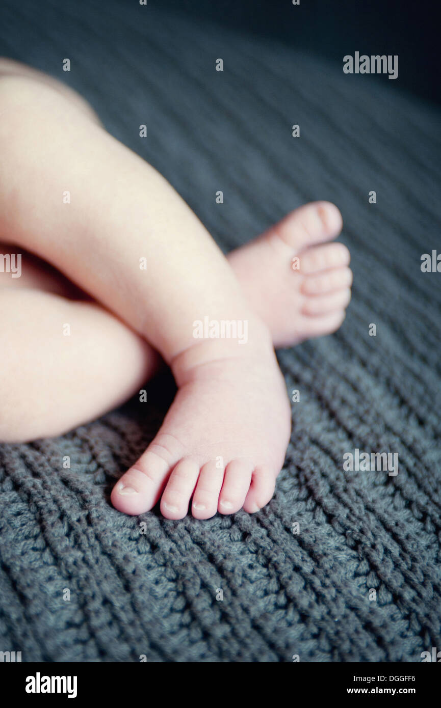 Les pieds de bébé garçon couverture grise, Close up Banque D'Images