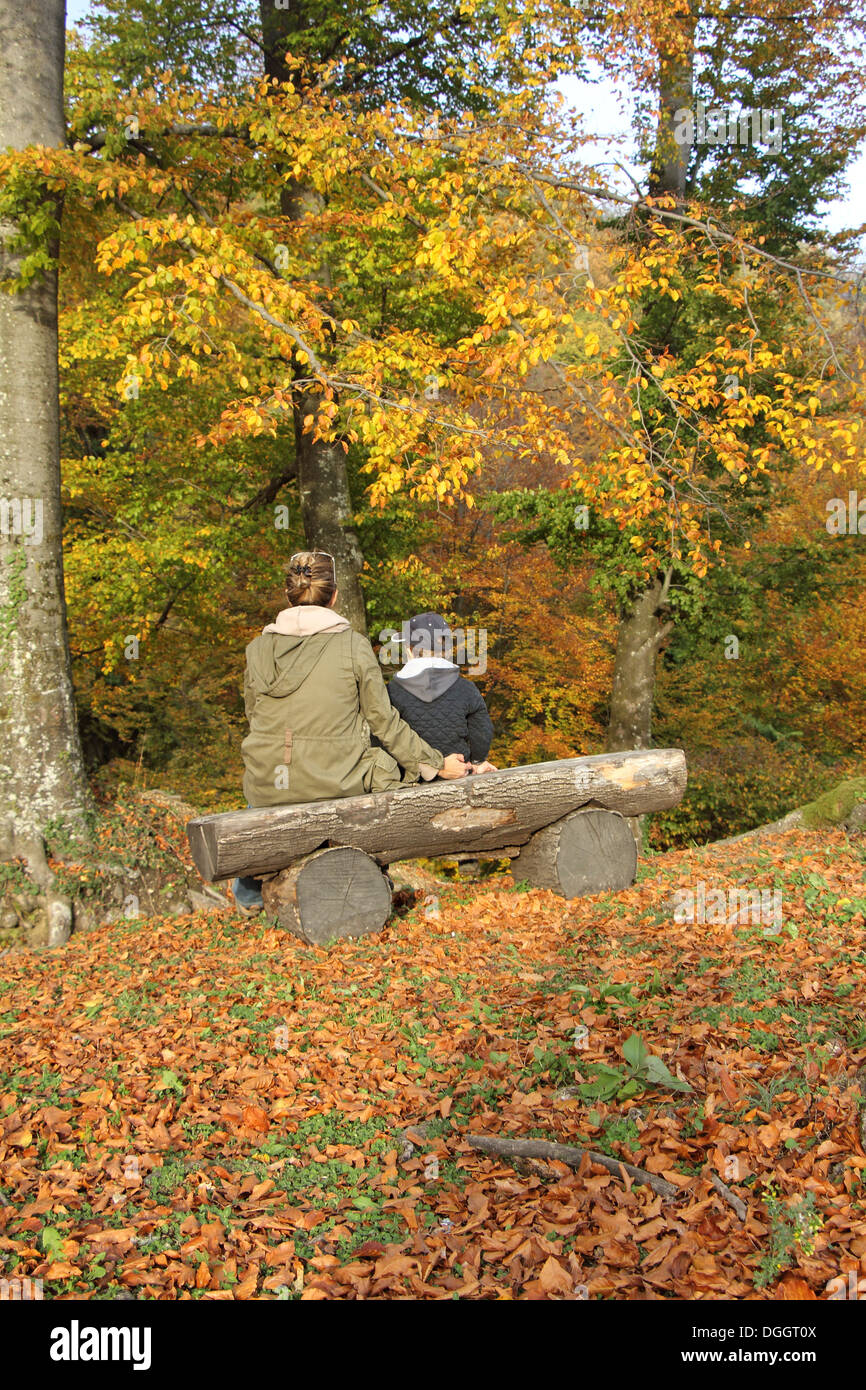 La mère et l'enfant assis sur un banc dans les bois sur une journée ensoleillée d'automne Banque D'Images