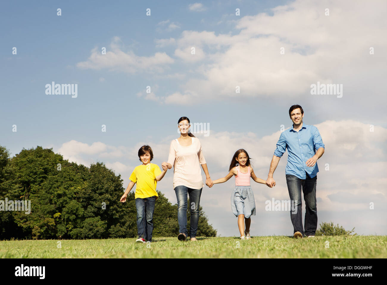 Famille avec deux enfants se tenant la main, randonnée pédestre Banque D'Images
