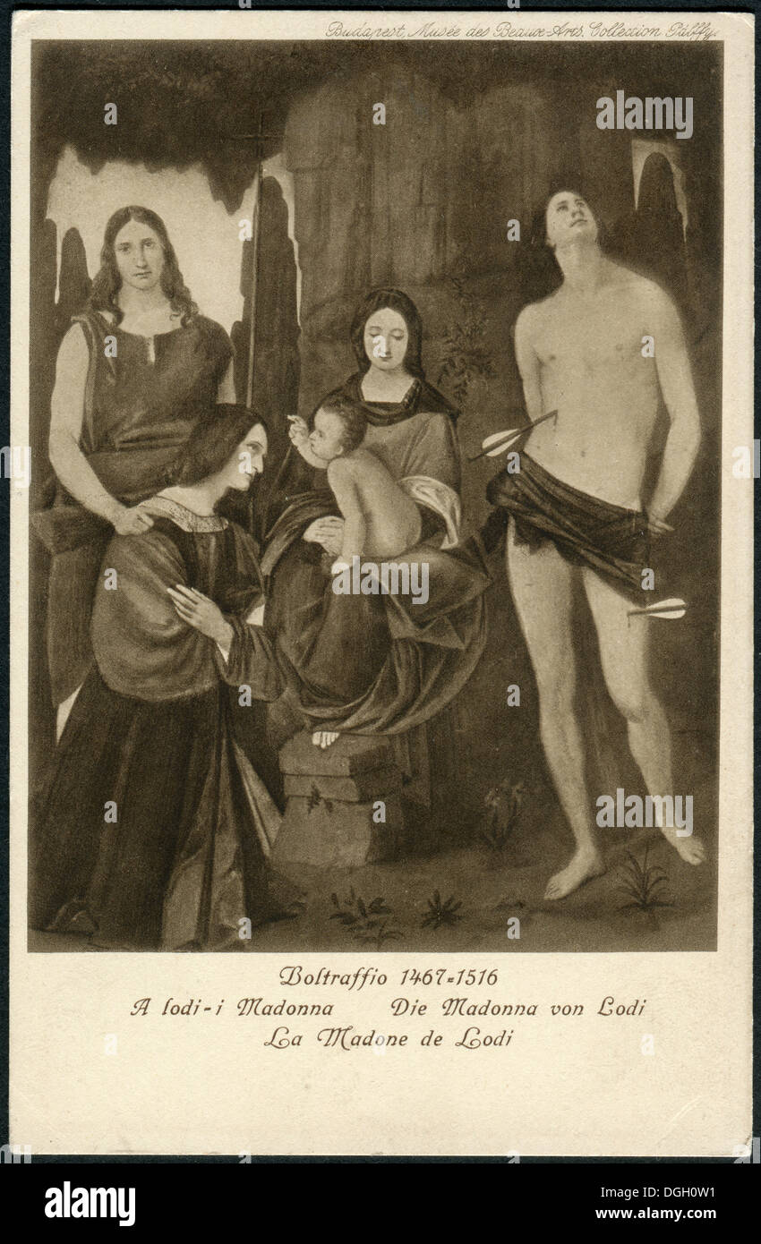 Carte postale hongroise vintage. Pala di Lodi par Giovanni Antonio Boltraffio. Banque D'Images