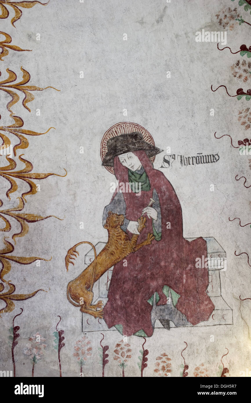 Peinture de Saint Jérôme dépose épine de pied de lion, le plafond de l'église, Tierp, comté d'Uppsala, Uppland, Suède, mars Banque D'Images