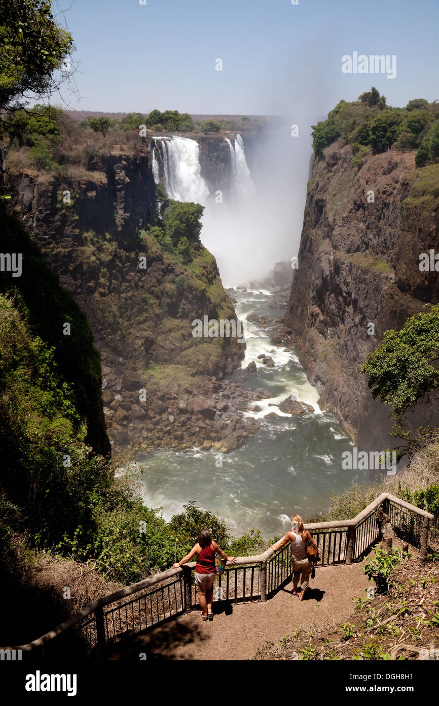 Les visiteurs à la recherche au Victoria Falls du Victoria Falls National Park, Zimbabwe, Africa côté Banque D'Images