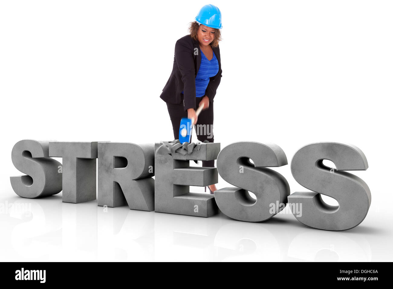 African American Woman wearing a helmet protection un freinage stress 3d, texte isolé sur fond blanc - les noirs Banque D'Images