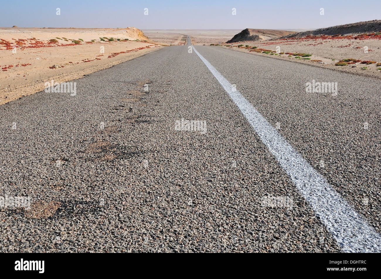 Route de campagne asphaltée au Sahara Occidental, vers la Mauritanie, Oued Ed-Dahab-Lagouira région, Maroc Banque D'Images