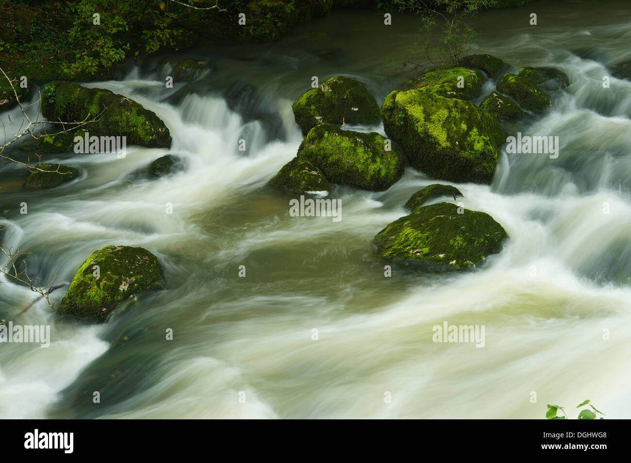 L'eau de la rivière coule entre les roches moss plein endroit appelé gorges du Flumen Banque D'Images