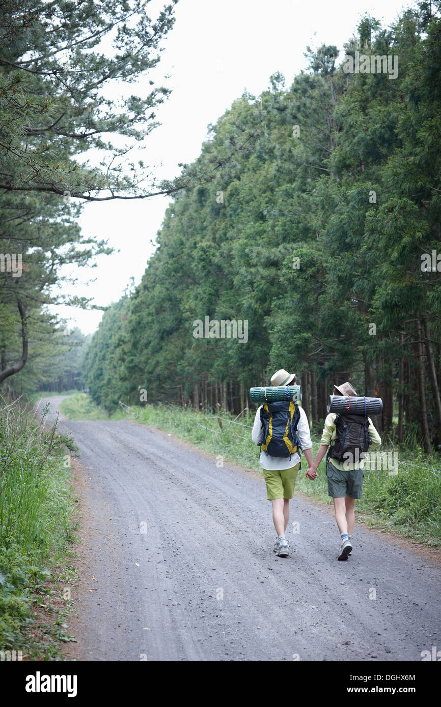 Un couple marche main dans la main dans la nature Banque D'Images