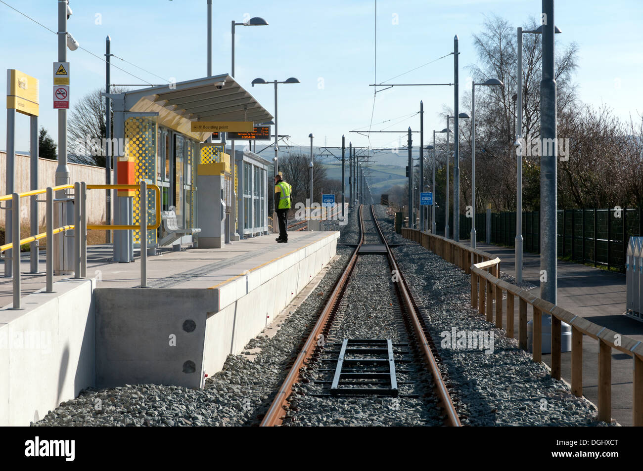 À l'arrêt de tramway Metrolink Newbold, sur la ligne d'Oldham-Rochdale, Newbold, Rochdale, Manchester, Angleterre, Royaume-Uni. Banque D'Images