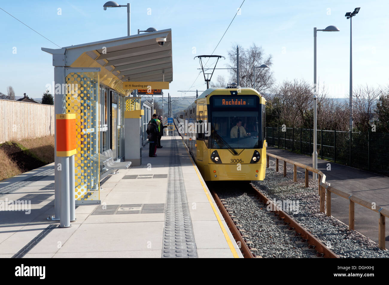 Tramway Metrolink près de l'arrêt, sur la Newbold ligne Oldham-Rochdale, Newbold, Rochdale, Manchester, Angleterre, Royaume-Uni. Banque D'Images