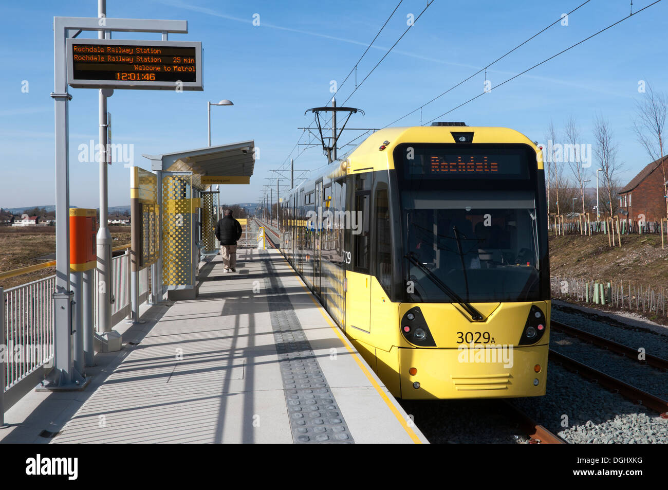 Tramway Metrolink au Kingsway Business Park, sur la ligne d'Oldham-Rochdale, Rochdale, Manchester, Angleterre, Royaume-Uni. Banque D'Images