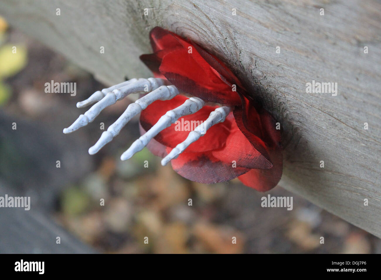 Un Halloween effrayant avec un squelette de main sur bois Banque D'Images