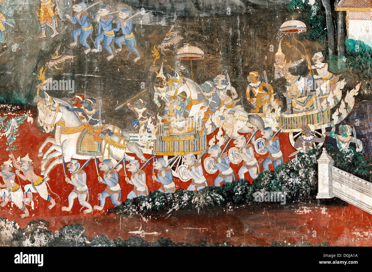 Peinture murale, également connu sous le nom de Ramayana, en plein air avec  des scènes de la version khmère de l'épopée indienne du Ramayana classique  dans le Photo Stock - Alamy