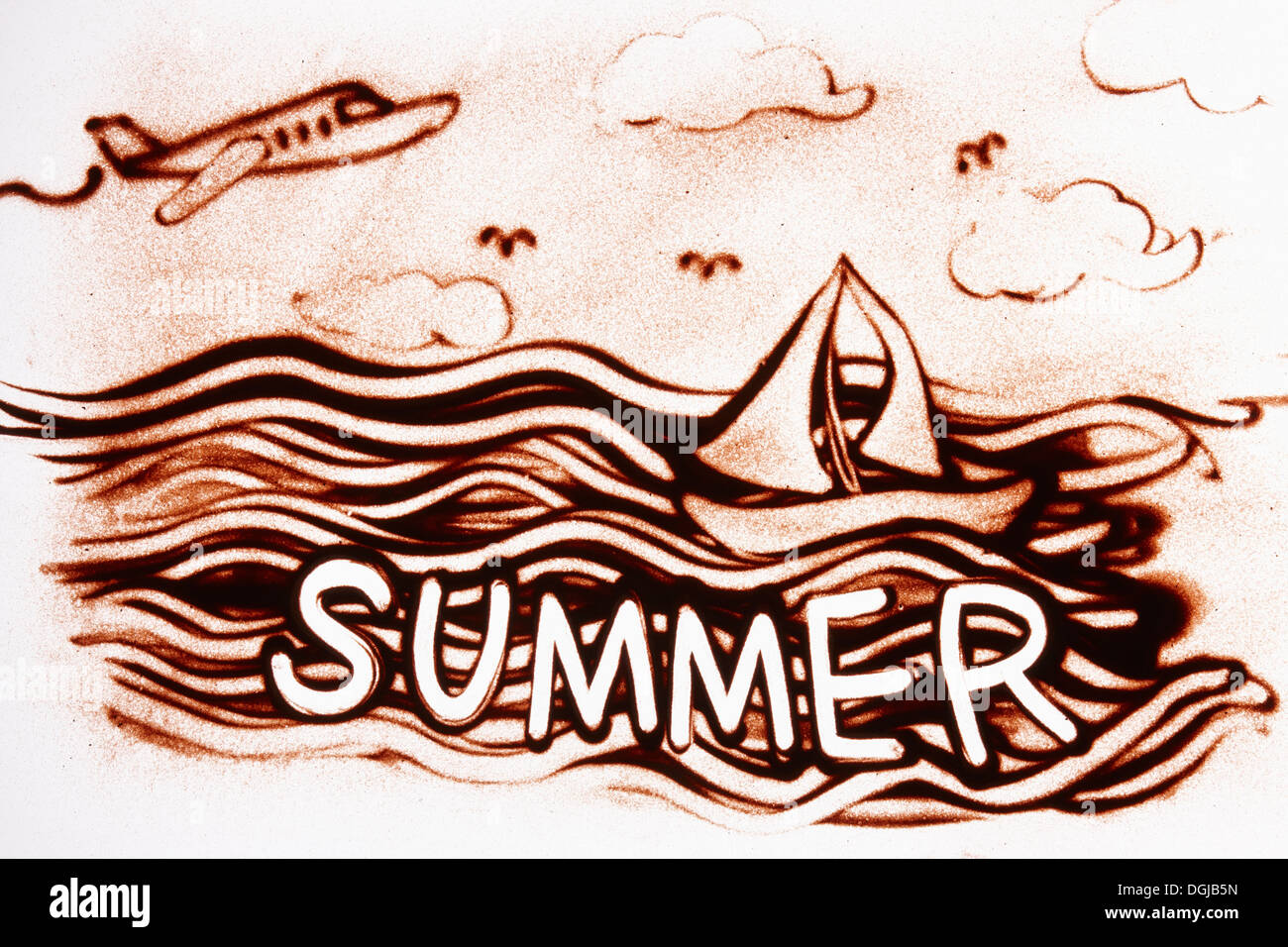 Un dessin sur sable d'un bateau à voile sur la mer Banque D'Images