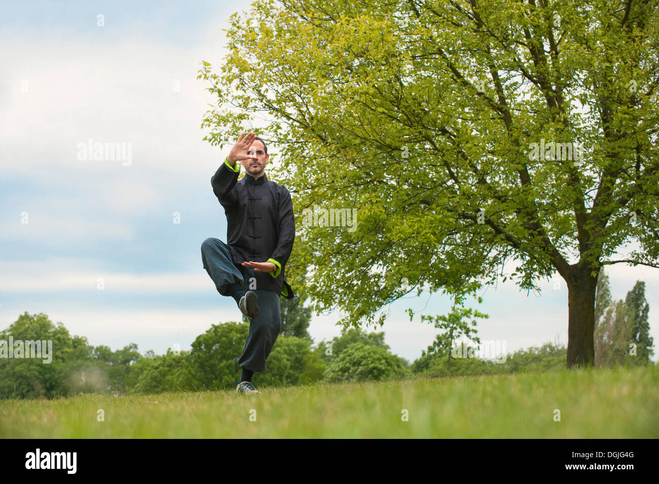 Man performing Tai Chi en campagne Banque D'Images