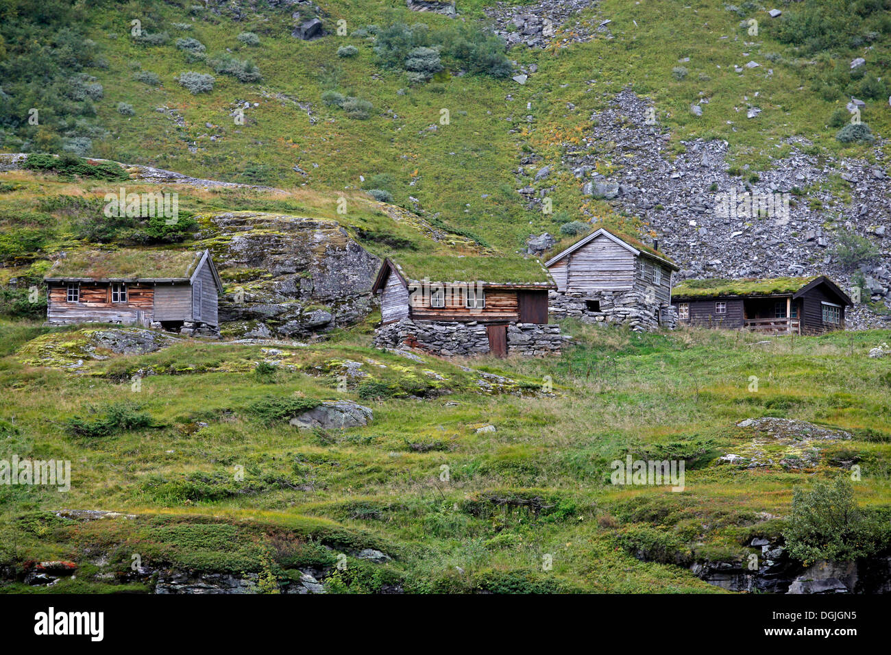 Vieux quartier historique des refuges de montagne, fjord de Geiranger Geiranger, Møre og Romsdal (Norvège), dans le Nord de l'Europe Banque D'Images