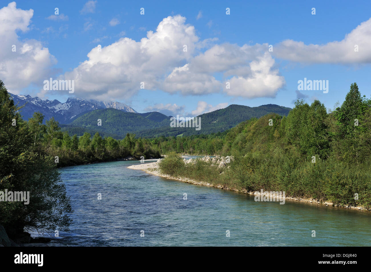 La rivière Isar et près de la montagne Benediktenwand Gaissach Isarwinkel, région, Haute-Bavière, Bavaria, PublicGround Banque D'Images