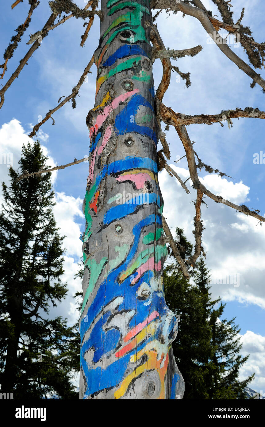 Arbre généalogique Zauberbaum, peinture sur un arbre par Walter Angerer le Jeune, Rauschenberg, Alpes de Chiemgau, Chiemgau, Haute-Bavière, Bavière Banque D'Images