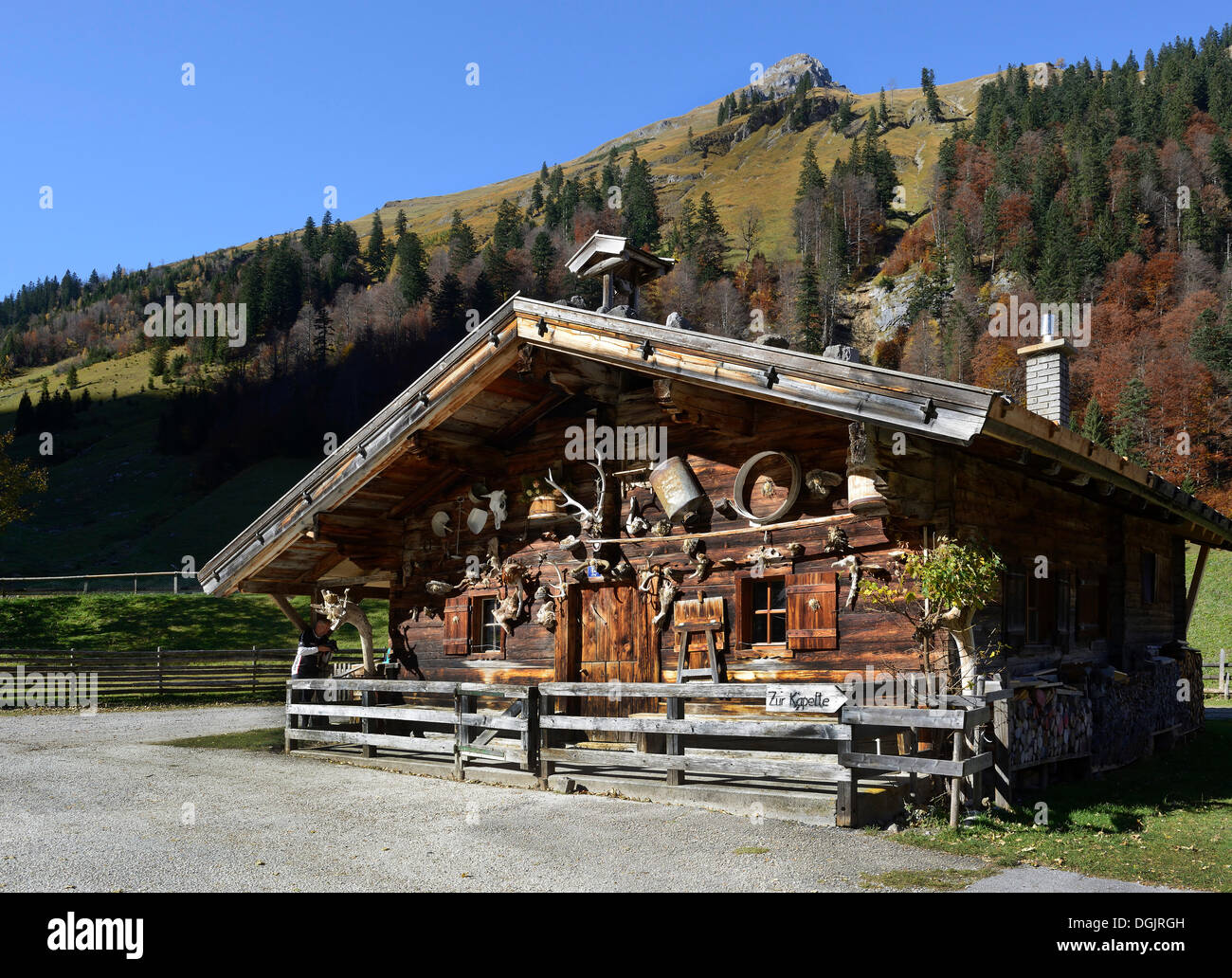 Refuge de montagne, fra Alm alpages, Grosser Ahornboden, Karwendel, Risstal, Tyrol, Autriche, Europe, PublicGround Banque D'Images