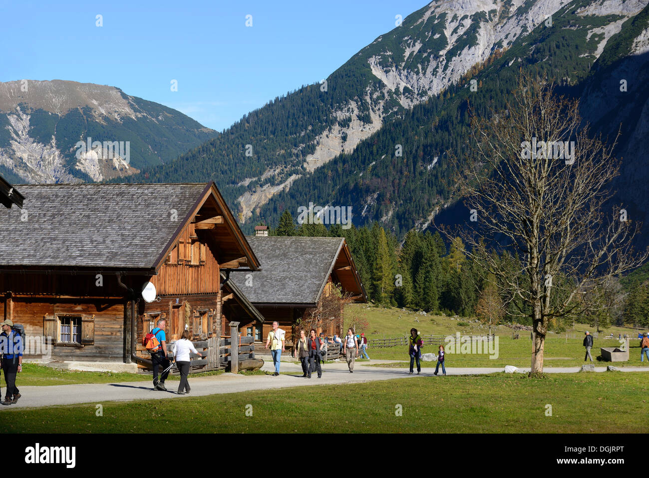 Randonneurs à Fra, Alpine chalets ou chalets, fra Alm, Grosser Ahornboden, pâturage avec des arbres d'érable sycomore Banque D'Images