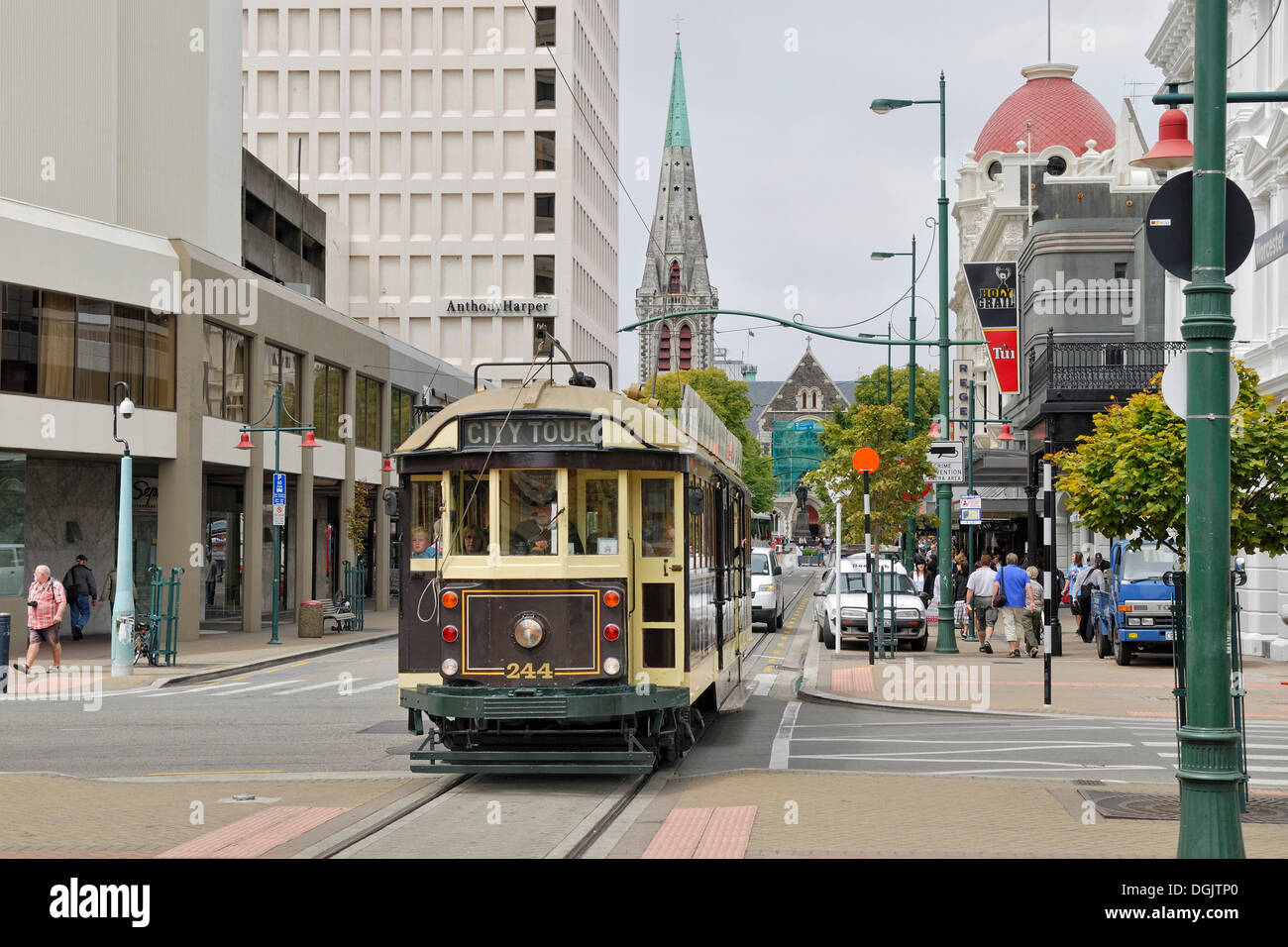 Tramway historique dans le centre-ville de Christchurch, Nouvelle-Zélande, île du Sud Banque D'Images