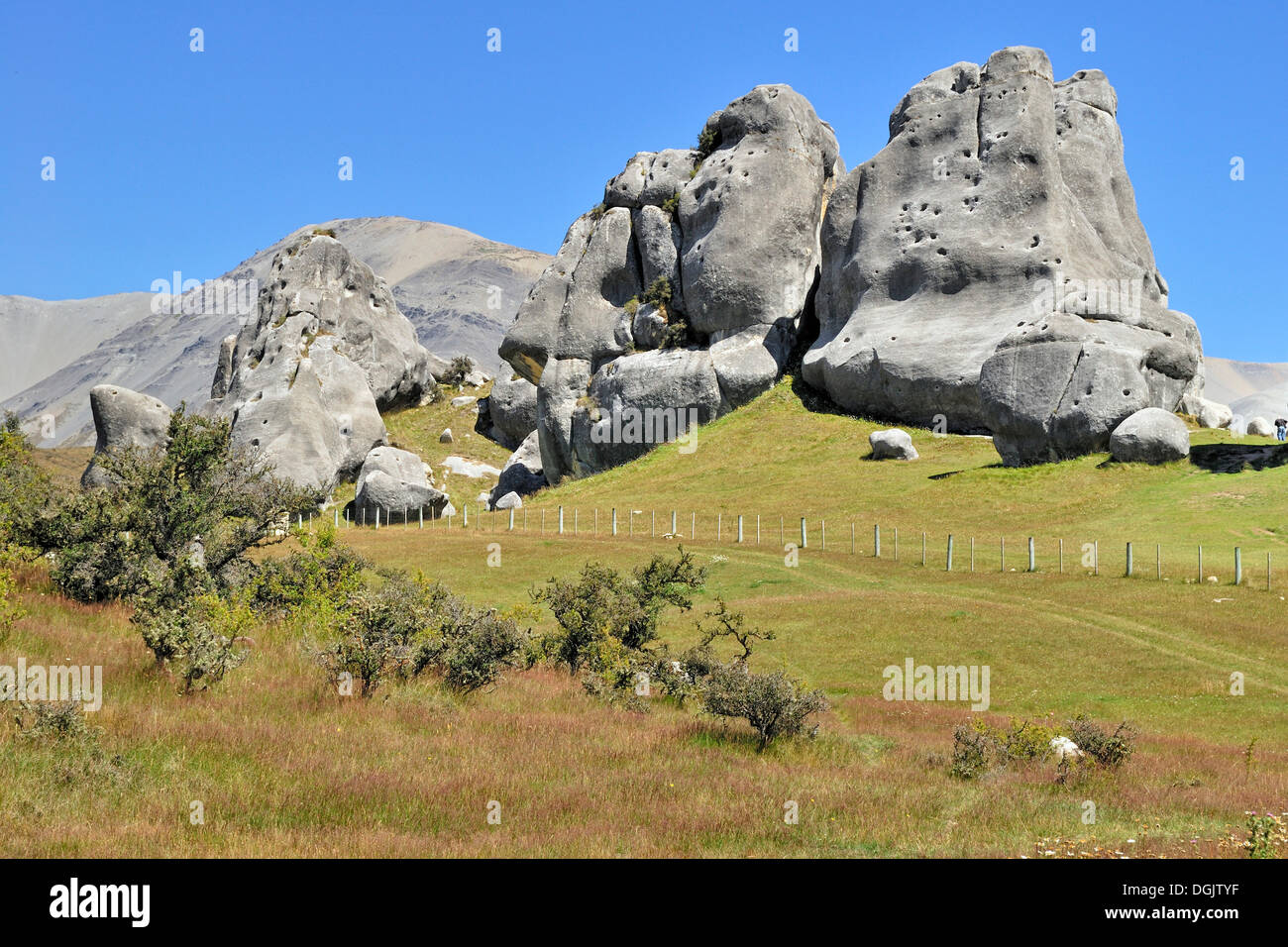 La formation de calcaire dans la colline du Château des roches calcaires, Kura Tawhiti Conservation Area, District de Selwyn, île du Sud Banque D'Images