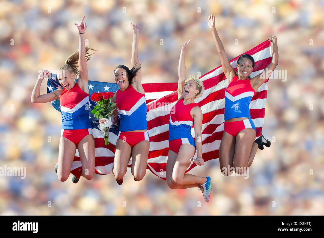 Quatre athlètes américains célébrant Banque D'Images