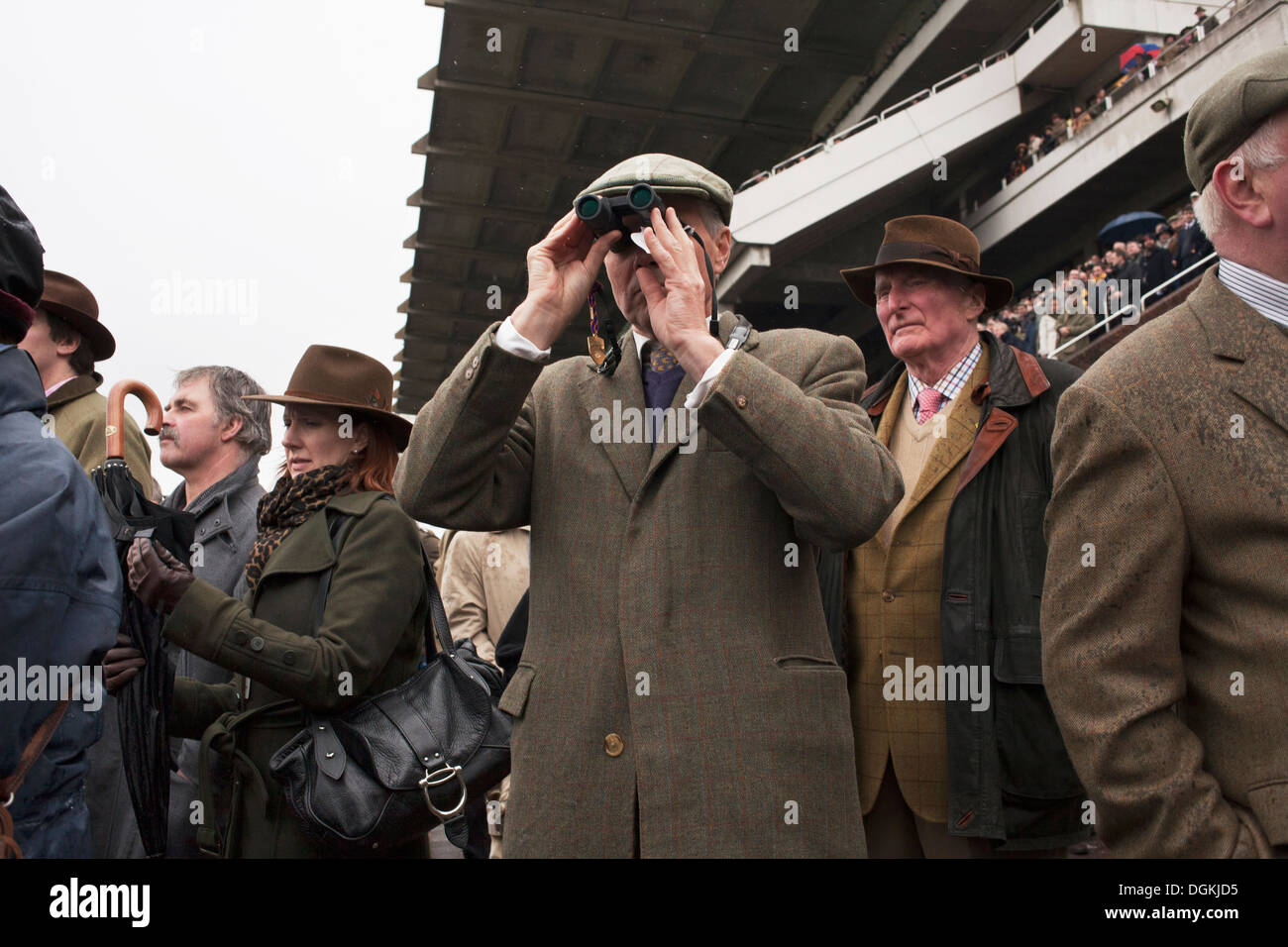 Un homme avec des jumelles à la recherche au Festival de Cheltenham. Banque D'Images