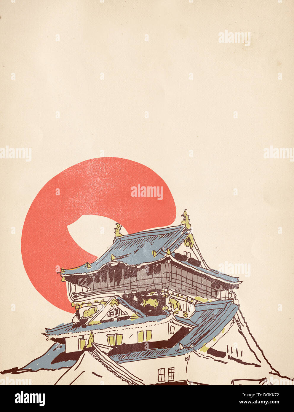 Croquis de dessin vectoriel maison traditionnelle japonaise sur de vieux papier fond Banque D'Images