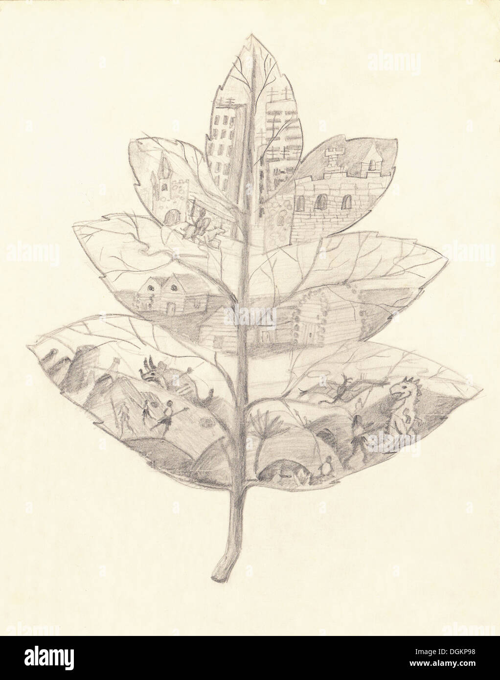 Dessin d'enfant d'une feuille (l'évolution). Cette image fait par moi dans l'enfance. Je pense qu'il pourrait être utile pour les enfants-Question connexe Banque D'Images