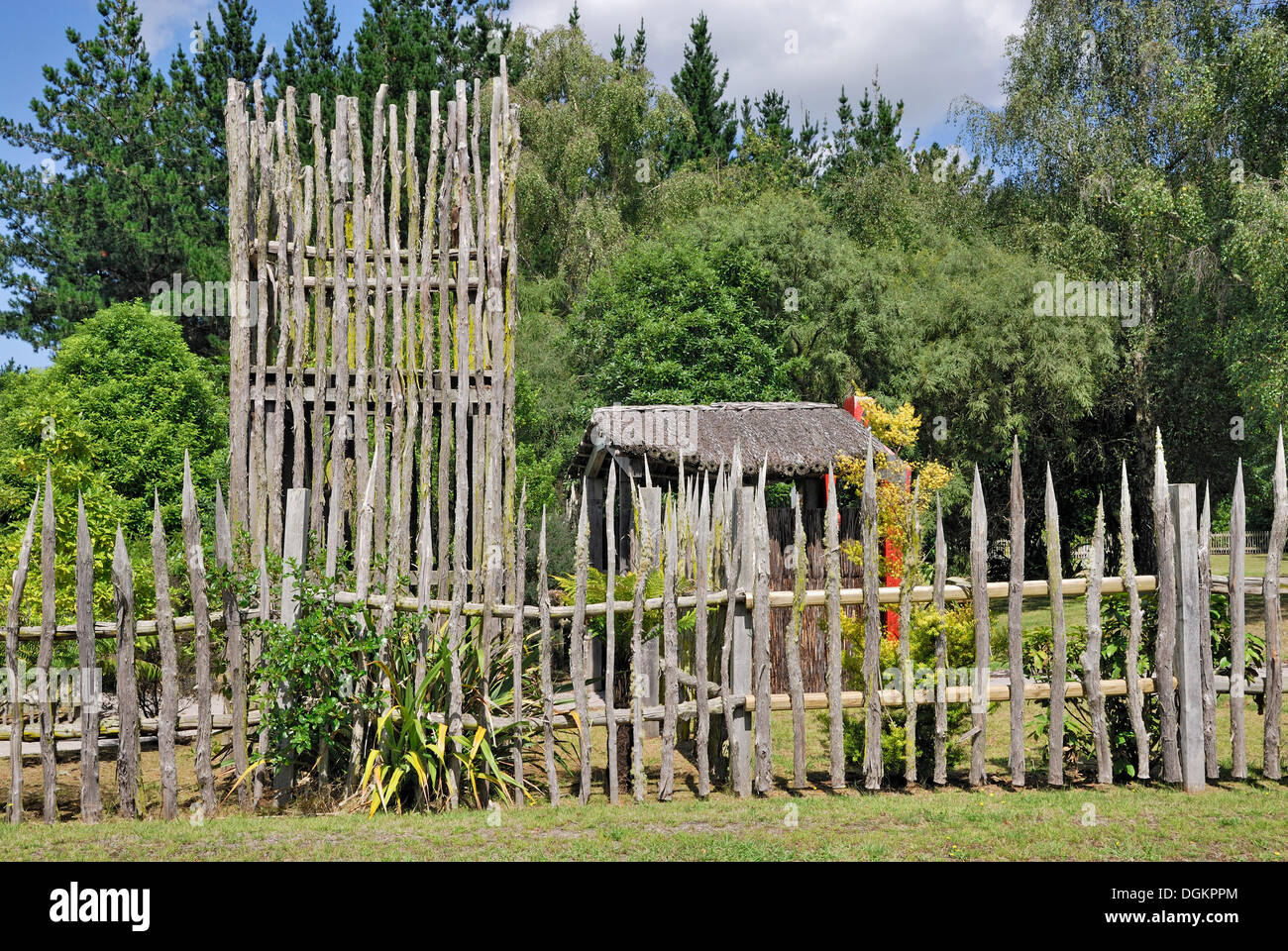 Réplique d'un peuplement Maori, vue partielle, Terrasses de Wairakei, Wairakei, île du Nord, Nouvelle-Zélande Banque D'Images