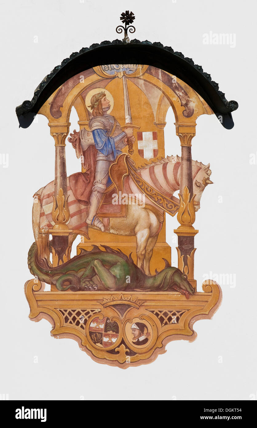 La peinture murale sur une façade d'un toit, Saint Georges à cheval et le dragon, saint, saint patron et saint consolateur, Aschau Banque D'Images