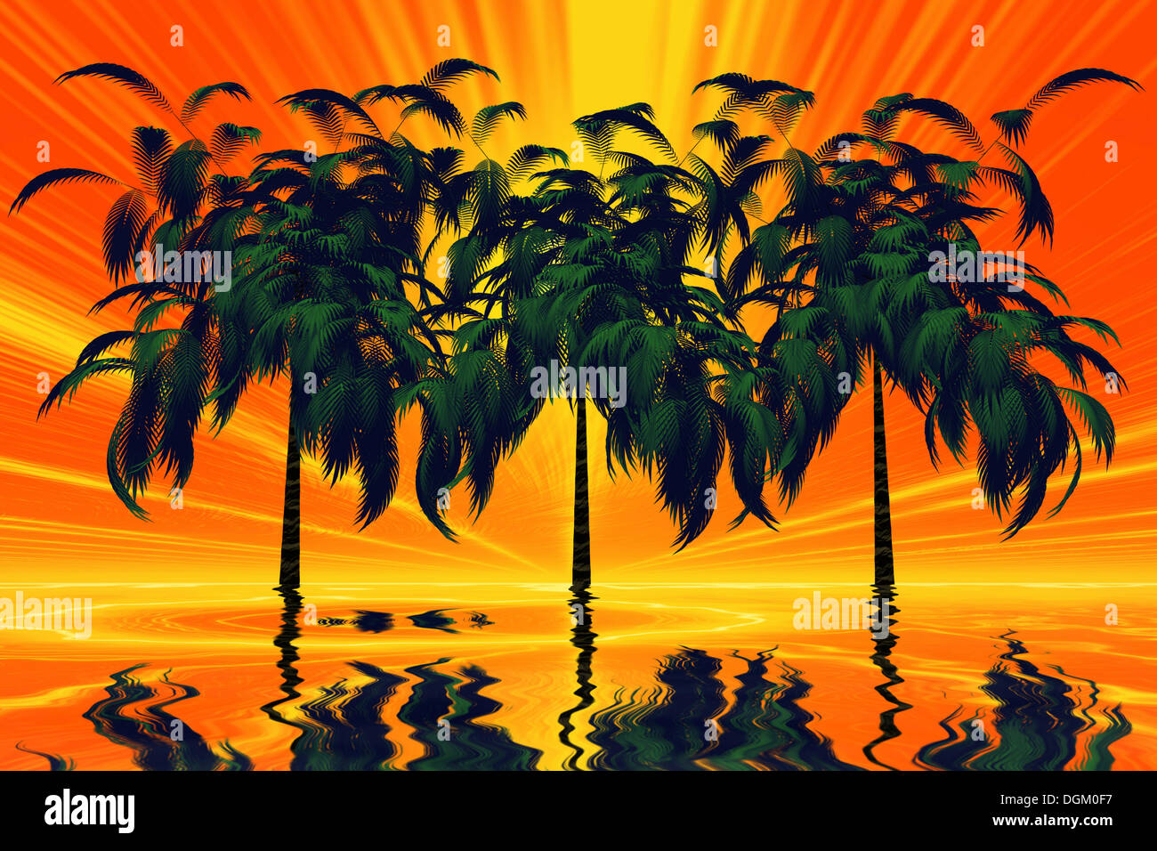 Trois palmiers dans le soleil de plomb avec la réflexion de la chaleur, les graphiques 3D Banque D'Images