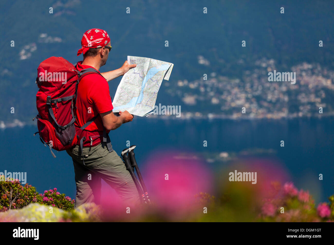 L'homme l'étude de la carte des sentiers de randonnées et sur le monte covreto, lac lago maggiore, Tessin, Suisse, Europe Banque D'Images