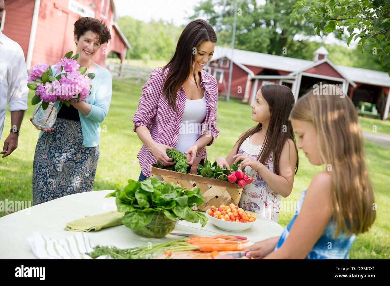 Party de famille. les parents d'enfants dans le tableau la préparation de salades repas pris frais, fruits légumes Banque D'Images