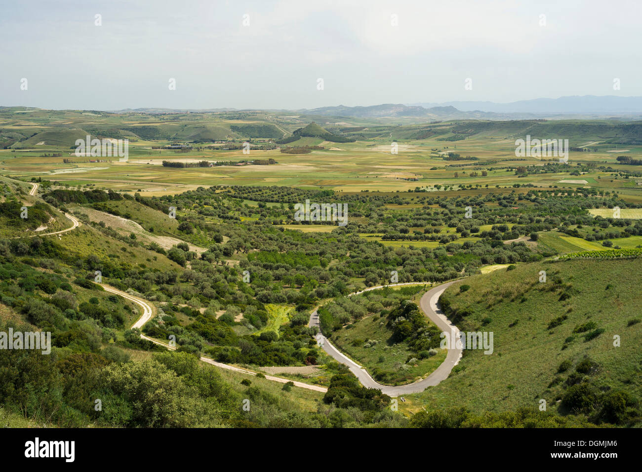 Vue à partir de la planèze de Giara di Gesturi dans le paysage avec la Marmilla Las Plassas montagne en forme de cône Banque D'Images