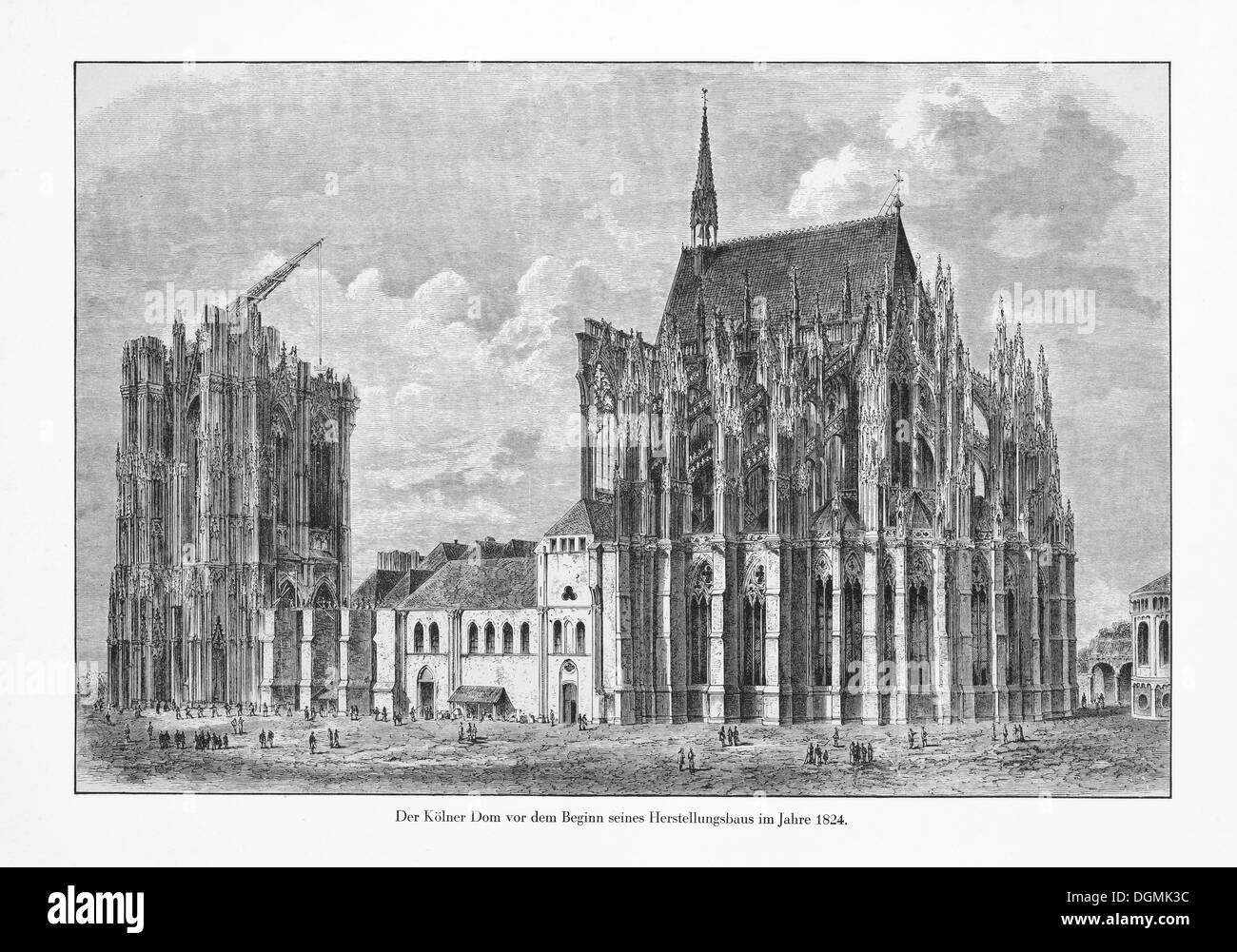 Gravure historique, la cathédrale de Cologne en 1824, romantique, l'historicisme, Site du patrimoine culturel mondial de l'UNESCO Banque D'Images