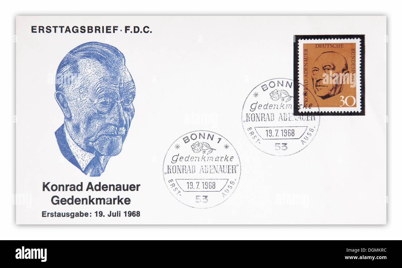 Enveloppe premier jour timbre commémoratif, de Konrad Adenauer le 19 juillet 1968 Banque D'Images
