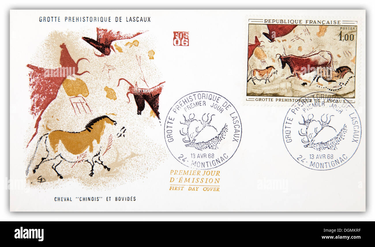 Enveloppe premier jour, Grotte Prehistorique de Lascaux, en France, le 13 avril 1968 Banque D'Images