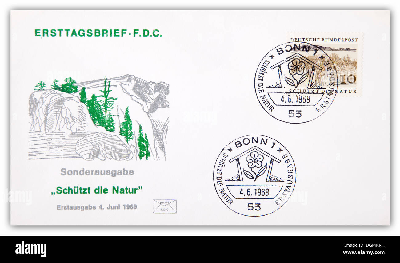 Enveloppe premier jour, édition spéciale, Schuetzt die Natur, protéger la nature, de l'Allemagne, 4 juin 1968 Banque D'Images