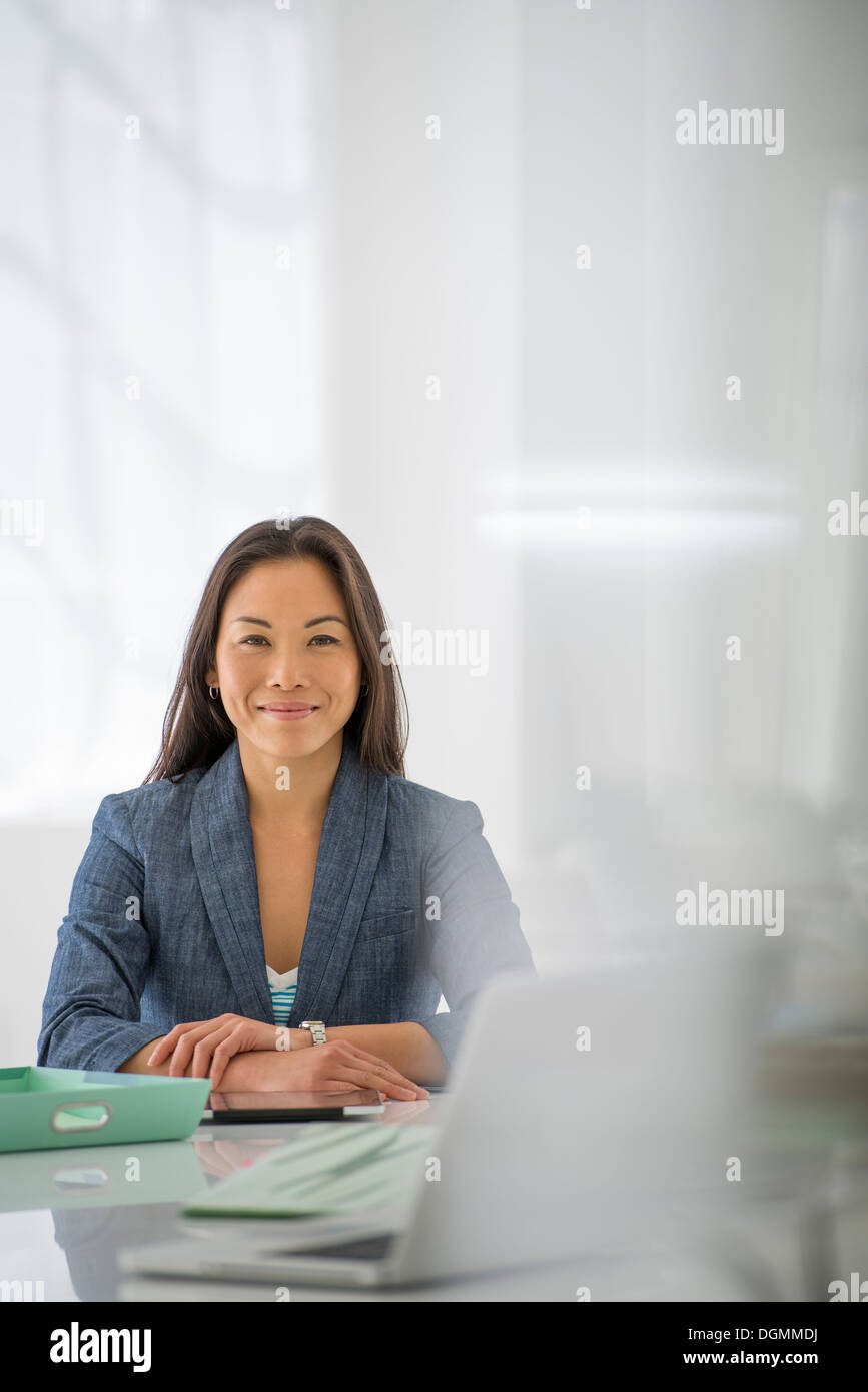 L'entreprise. Une femme assise à un bureau. Tablette numérique et l'ordinateur portable, et le vert des fichiers. Banque D'Images L'entreprise. Une femme assise à un bureau. Tablette numérique et l'ordinateur portable, et le vert des fichiers. Banque D'Images