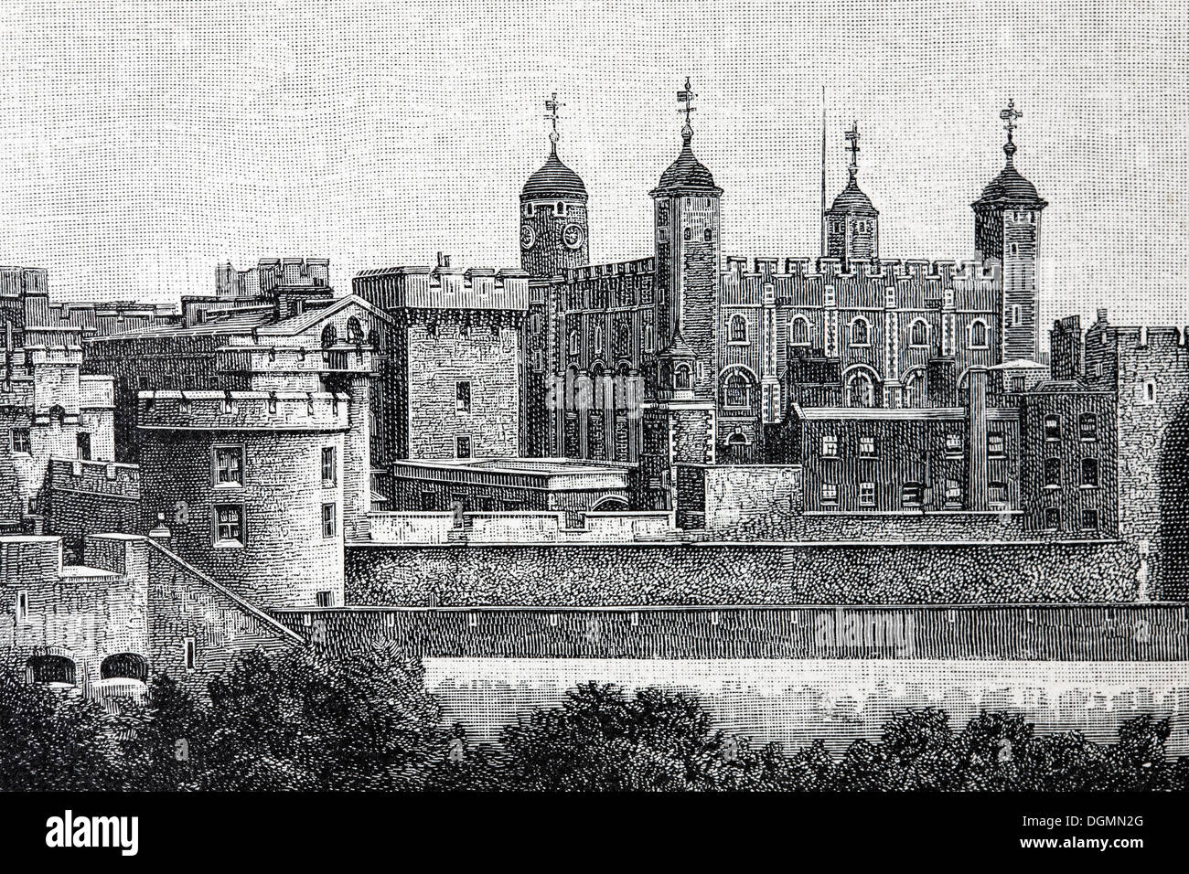 Tour de Londres, Grande-Bretagne, illustration de livre historique du 19ème siècle, gravure sur acier Banque D'Images