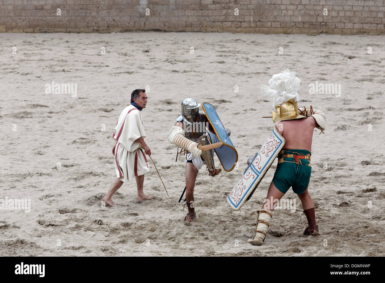 Provocator versus Murmillo gladiateur, combat, lutte, Familia Gladiatoria exposition Pulli Cornicinis par Marcus Junkelmann, Banque D'Images