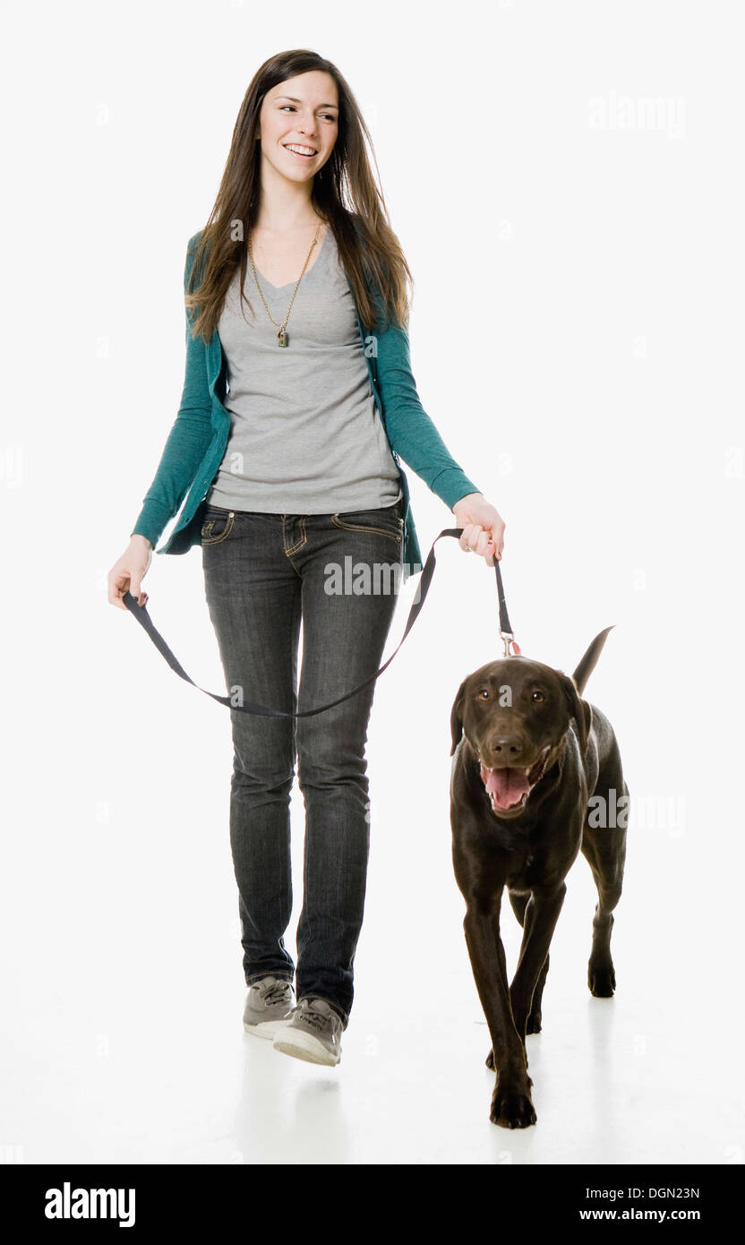 Studio shot of young woman with chocolate labrador Banque D'Images