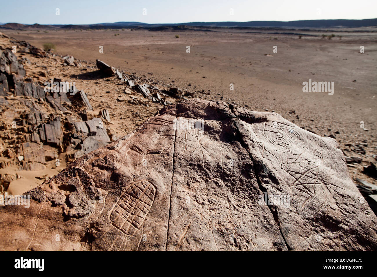 Sculptures rupestres préhistoriques Oued in-situ sur le Mestakou à Tata Akka road au Maroc. rock-art Banque D'Images