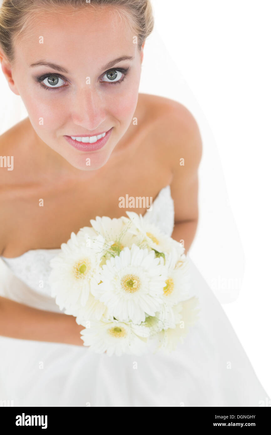 High angle view of cute bride holding a bouquet Banque D'Images