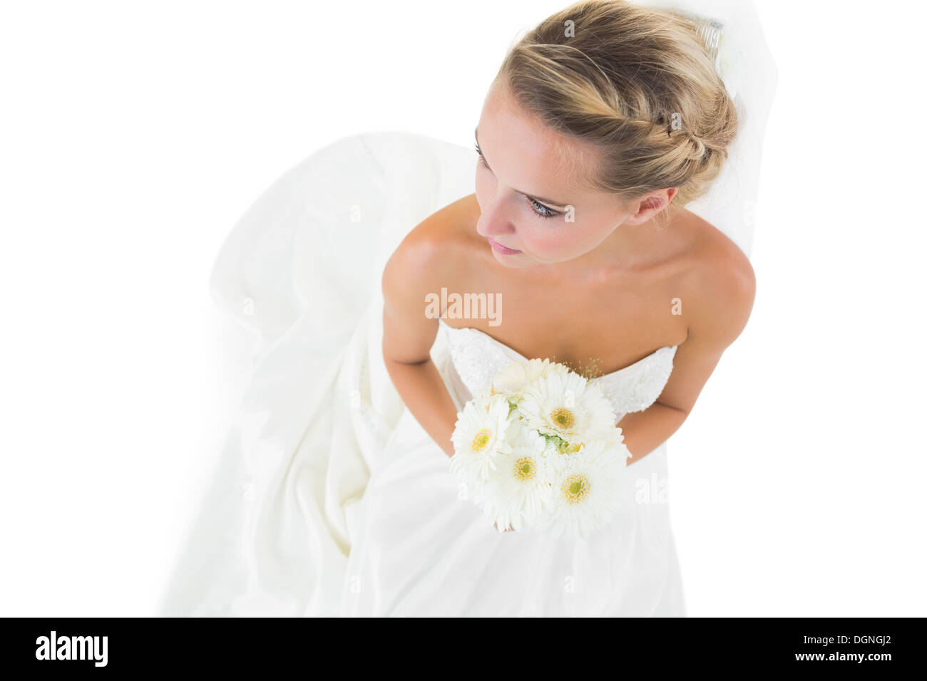 High angle view of blonde bride holding a bouquet Banque D'Images