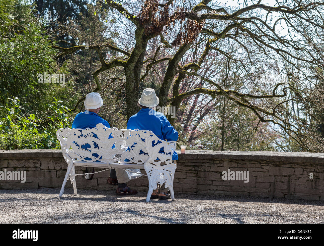 Couple assis sur un banc dans un parc, Mainau, Bade-Wurtemberg, Allemagne Banque D'Images