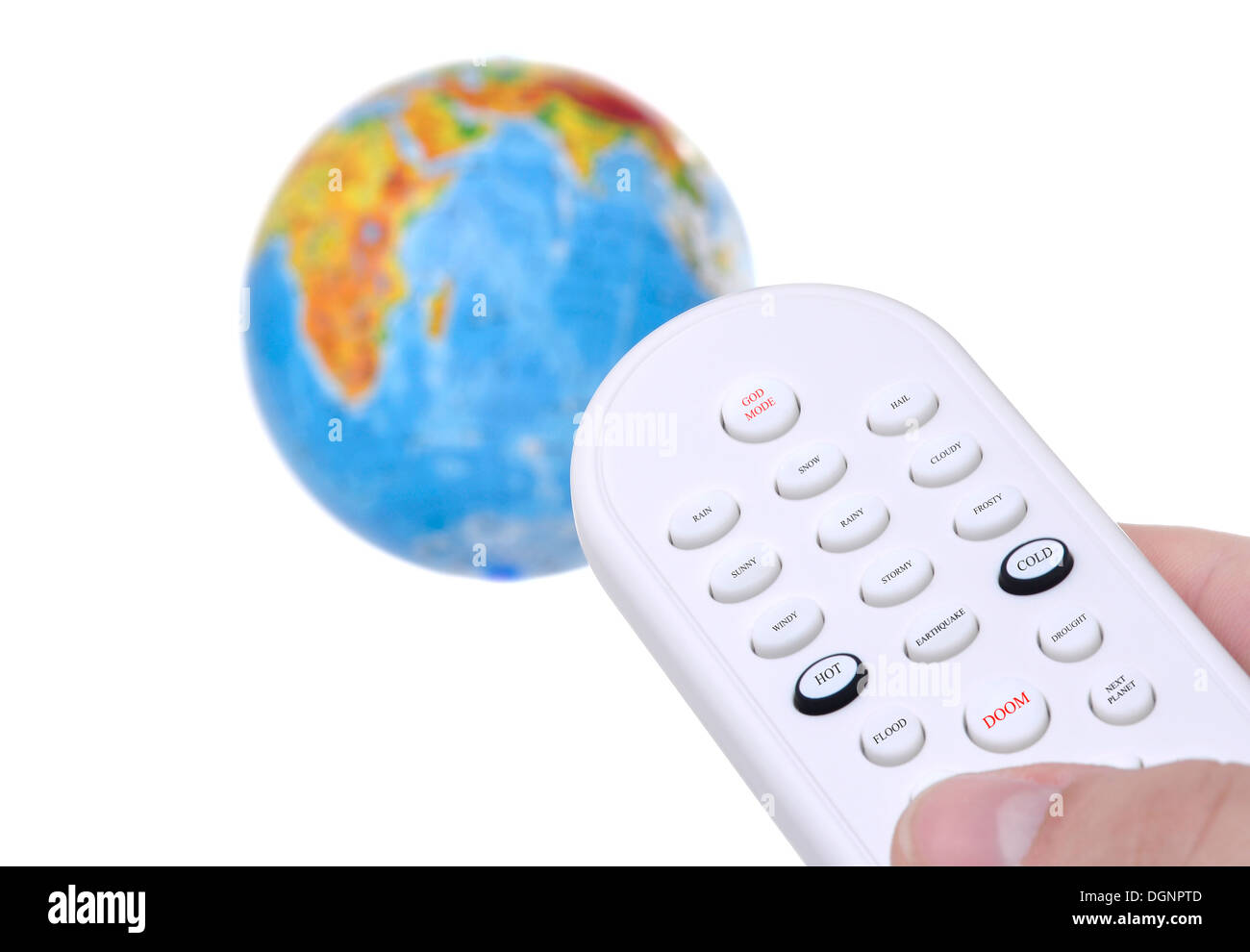 La main de Dieu à l'aide d'une télécommande qui contrôle le monde Banque D'Images