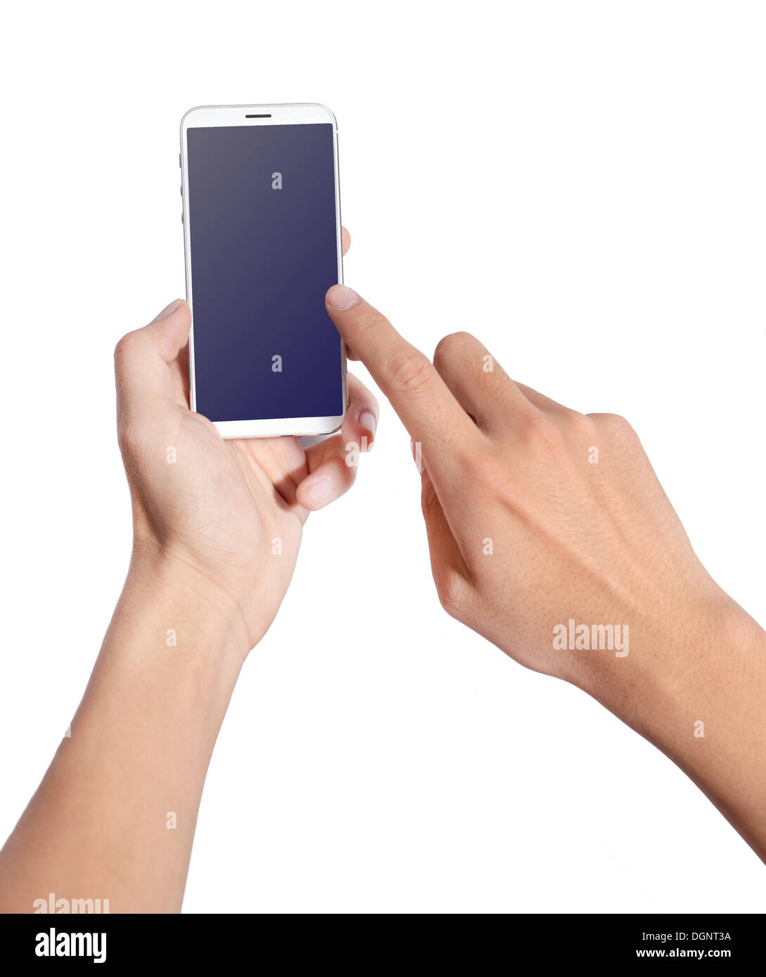 Man hand holding smart phone comme directe, d'un toucher du doigt Banque D'Images