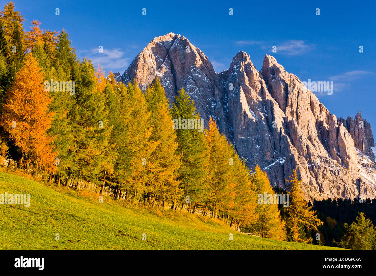 Villnoesstal ou Val di Funes Valley, à l'automne, Odle Geisler massif à l'arrière, le parc naturel de Puez-Geisler, Tyrol du Sud, Italie Banque D'Images