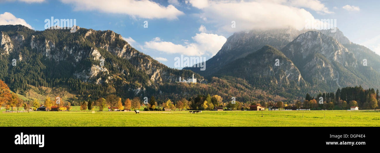 Le château de Neuschwanstein en face de le paysage alpin avec Saeuling et la montagne sur la montagne Tegelberg, Ostallgaeu, Bavière Banque D'Images